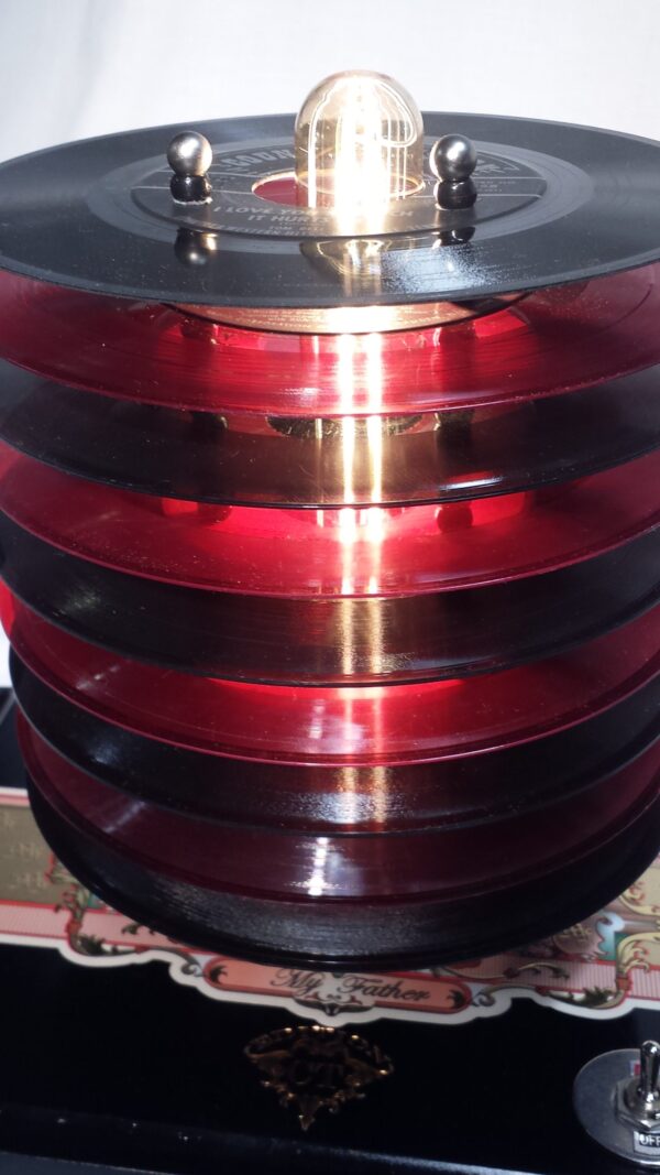 Close up of Red and Black 45 record shade on My Father cigar box lamp. Perfect Gift for Vinyl Collector